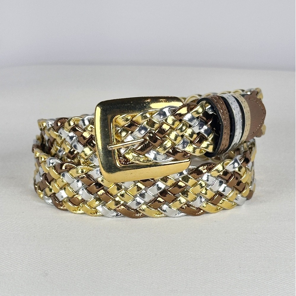 Vintage 80s Braided‎ Tri-color Mixed Metal Gold Silver Bronze Woven Belt S/M USA